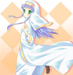  blue_hair clenched_hand commentary_request ebicha female green_eyes habit highres index_(toaru_majutsu_no_index) long_hair nun photoshop_(medium) robe safety_pin solo toaru_majutsu_no_index walking 