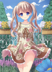  arisa_eloise_beau-regard arm_behind_back bad_id bad_pixiv_id blonde_hair blue_eyes blurry blush breasts cloud collarbone commentary_request cowboy_shot day depth_of_field dress female floral_print flower head_tilt highres large_breasts long_hair looking_at_viewer outdoors plant potted_plant raramagi red_flower red_rose rose rurukuru sky solo tree twintails 