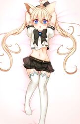  :o alternate_costume alternate_hair_color animal_ears arms_up bad_id bad_pixiv_id black_bow black_skirt blanket_(kkbjah) blonde_hair blue_eyes blush bow brooch crop_top crop_top_overhang dakimakura_(medium) elsword female full_body highres jewelry kemonomimi_mode long_hair luciela_r._sourcream midriff miniskirt navel pleated_skirt pointy_ears skirt solo symbol-shaped_pupils thighhighs twintails white_background white_thighhighs 