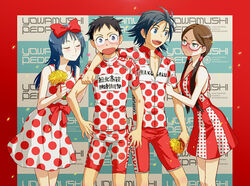  2boys 2girls bike_jersey bike_shorts blue_hair blush brown_hair commentary_request cycling_uniform glasses hair_ribbon kanzaki_miki long_hair manami_sangaku miyahara_(yowamushi_pedal) multiple_boys multiple_girls onoda_sakamichi polka_dot ribbon task_owner twintails yowamushi_pedal 