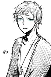  1boy bad_id bad_pixiv_id character_name expressionless greyscale hongcha_(roels) jacket jewelry looking_at_viewer male_focus monochrome necklace open_clothes open_jacket parted_lips pendant scp-073 scp_foundation shirt simple_background solo spot_color t-shirt white_background 