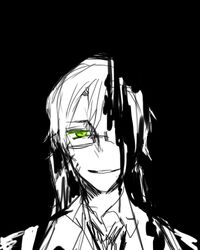  1boy bad_id bad_pixiv_id black_background character_request evil_smile glasses green_eyes hongcha_(roels) looking_at_viewer lowres male_focus parted_lips scp_foundation shaded_face simple_background smile solo spot_color 