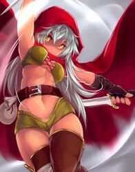  belt boots breasts brown_footwear brown_thighhighs cape cecily_(sennen_sensou_aigis) cleavage commentary_request female fingerless_gloves gloves grey_hair highres hood knife medium_breasts midriff navel pouch red_cape sennen_sensou_aigis solo thigh_boots thighhighs usuki_(graygreed) yellow_eyes 