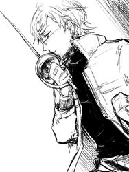  1boy bad_id bad_pixiv_id glasses greyscale hongcha_(roels) kondraki lab_coat male_focus monochrome no_headwear popped_collar rapier scp_foundation solo sword weapon 