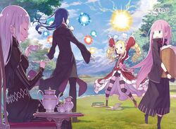  1boy 3girls arms_up beatrice_(re:zero) black_dress black_footwear black_pants black_skirt blonde_hair blue_eyes blue_hair blue_sky book boots capelet closed_eyes crown day dress drill_hair echidna_(re:zero) floating_hair fur-trimmed_capelet fur_trim gloves highres holding lewes_meyer long_hair long_skirt looking_back magic mini_crown multiple_girls necktie novel_illustration official_art ootsuka_shin&#039;ichirou open_book open_mouth outdoors pants pantyhose parted_lips pink_hair pointy_ears re:zero_kara_hajimeru_isekai_seikatsu red_capelet roswaal_a._mathers sidelocks sitting skirt sky spoilers standing striped_clothes striped_pantyhose sweatdrop symbol-shaped_pupils tree twin_drills twintails very_long_hair white_gloves white_hair white_necktie wrist_cuffs 