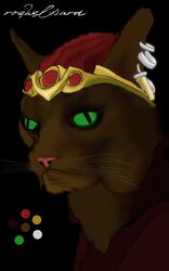  crown ear_piercing felid green_eyes hair headgear hi_res jewelry khajiit mammal microsoft parody piercing pink_nose red_hair roguelizard scar simple_background the_elder_scrolls third-party_edit zojarr 