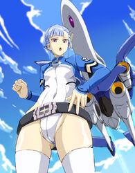  :o ass_visible_through_thighs asymmetrical_bangs belt blue_hair breasts clenched_hand cloud commentary_request day enfuku female fin_e_ld_si_laffinty highleg highleg_leotard leotard looking_at_viewer purple_eyes rinne_no_lagrange skindentation small_breasts solo thighhighs vox_lympha 