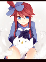  blue_eyes commentary_request etsuo female gloves hair_ornament letterboxed long_hair pokemon pokemon_(creature) pokemon_bw red_hair skyla_(pokemon) swanna 