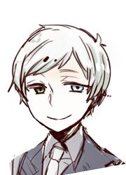  1boy alto_clef bad_id bad_pixiv_id blue_eyes collared_shirt formal green_eyes grey_shirt heterochromia hongcha_(roels) looking_at_viewer lowres male_focus necktie scp_foundation shirt simple_background smile solo suit upper_body white_background white_necktie 