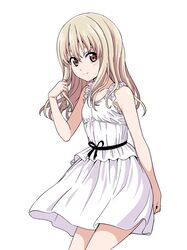  aho_girl bare_shoulders blonde_hair brown_eyes commentary_request dress female highres hiroyuki long_hair looking_at_viewer simple_background sleeveless sleeveless_dress smile solo sumino_sayaka white_background 