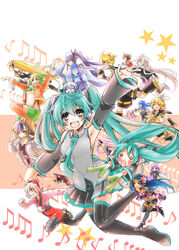  aoki_lapis aqua_eyes aqua_hair commentary_request detached_sleeves galaco galaco_(prize) green_hair gumi gumi_(v3_megpoid) hachune_miku hatsune_miku highres ia_(vocaloid) kagamine_len kagamine_rin kaito_(vocaloid) kamui_gakupo lily_(vocaloid) long_hair looking_at_viewer meganeinu megurine_luka meiko_(vocaloid) merli_(vocaloid) multiple_boys multiple_girls musical_note nekomura_iroha open_mouth takoluka thighhighs twintails very_long_hair vocaloid voiceroid yuzuki_yukari zettai_ryouiki 