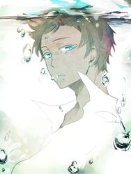  1boy bad_id bad_pixiv_id blue_eyes brown_hair bubble dark-skinned_male dark_skin facial_mark hongcha_(roels) looking_at_viewer male_focus parted_lips popped_collar scp-073 scp_foundation solo submerged 