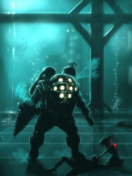  2boys air_bubble aqua_theme armor big_daddy_(bioshock) bioshock_(series) bioshock_1 bubble commentary dark drill drill_hand english_commentary female glowing glowing_eyes helmet highres holding holding_syringe jack_(bioshock) kneeling konstantin_krutikhin leaking little_sister_(bioshock) lying multiple_boys on_back on_floor photoshop_(medium) ponytail puddle standing syringe underwater_city window yellow_eyes 