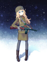  bag belt between_breasts blonde_hair blue_eyes boots breasts commentary_request drum_magazine explosive female fur_hat glasses grenade gun gymnastiorka hat highres long_hair magazine_(weapon) medal military military_uniform original pantyhose pencil_skirt pigeon-toed pouch ppsh-41 red_star rgd-33 russia sam_browne_belt semi-rimless_eyewear shadow skirt snow snowflakes solo soviet soviet_army star_(symbol) strap_between_breasts submachine_gun tamuran trigger_discipline uniform ushanka weapon winter_clothes winter_uniform world_war_ii 