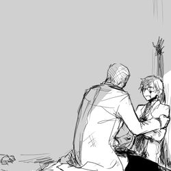  2boys against_wall bad_id bad_pixiv_id blood character_request glasses grey_background greyscale hongcha_(roels) kneeling lab_coat light_smile long_sleeves male_focus monochrome multiple_boys parted_lips scp_foundation simple_background sitting sunlight 