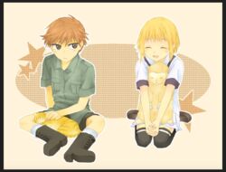  1boy ^_^ blonde_hair boots brown_eyes brown_hair female fruits_basket kneeling lamb pixiv_id_641464 sheep sitting smile souma_hiro souma_kisa tiger 