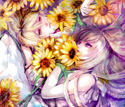  1boy blonde_hair brother_and_sister commentary_request dress female flower from_above fuwa_aika fuwa_mahiro hair_between_eyes ihiro long_hair lying on_side photoshop_(medium) purple_eyes red_eyes siblings sleeveless sleeveless_dress sunflower very_long_hair white_dress yellow_flower zetsuen_no_tempest 