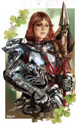  armor brown_eyes commentary_request daniel_oduber female freckles full_armor gauntlets helmet highres hildegard_von_krone lips mole mole_under_mouth pauldrons photoshop_(medium) polearm realistic red_hair short_hair shoulder_armor solo soulcalibur soulcalibur_iv spear sword unworn_headwear unworn_helmet vambraces weapon 