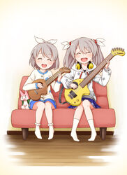  0_0 2girls :d ^_^ blue_skirt blush brown_hair closed_eyes commentary_request couch electric_guitar floral_print full_body guitar hair_between_eyes hair_bobbles hair_ornament hair_ribbon happy harada_(sansei_rain) head_tilt headphones headphones_around_neck honya_(raramagi) hood hoodie instrument lolicon long_sleeves multiple_girls music no_shoes open_mouth plaid plaid_skirt playing_instrument pleated_skirt raramagi ribbon shirt siblings sisters sitting skirt smile socks star_(symbol) star_print stuffed_animal stuffed_toy twintails ukulele uzuki_manaka uzuki_sachi white_background white_legwear white_ribbon white_shirt wooden_floor 