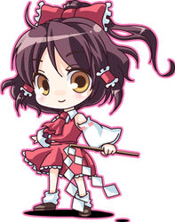  bow brown_hair chibi commentary_request female gohei hair_ribbon hairbow hakurei_reimu japanese_clothes lowres maya_(natural_heart) miko ponytail red_bow ribbon smile solo standing touhou yellow_eyes 