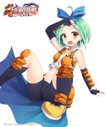  arm_support arm_up armor armpits bike_shorts black_gloves black_socks bow breastplate brown_eyes commentary_request elbow_gloves female fingerless_gloves gloves green_hair hand_on_own_head highres kantaka kneehighs koihime_musou leaning_back midriff navel official_art open_mouth ribbon shoes short_hair shorts sitting smile socks solo spread_legs ten&#039;i waist_cape 