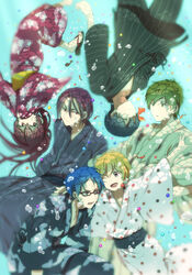  5boys ;d air_bubble animal annoyed bad_id bad_pixiv_id barefoot black_hair blonde_hair blue_hair brown_hair bubble closed_eyes commentary_request covering_own_mouth diving expressionless female fish free! glasses happy hazuki_nagisa japanese_clothes kimono long_hair matsuoka_gou matsuoka_rin multiple_boys nanase_haruka_(free!) one_eye_closed open_mouth ponytail purple_hair ryuugazaki_rei sandals sash short_hair single_sandal sleeping smile spiked_hair submerged tachibana_makoto temk underwater water 