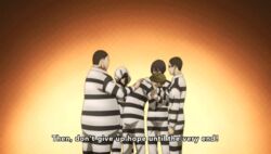  5boys andou_reiji animated animated censored closed_eyes fat fat_man fujino_kiyoshi hand_on_another&#039;s_shoulder kangoku_gakuen male_focus morokuzu_takehito multiple_boys multiple_girls nezu_jouji prison_clothes prison_school subtitled tears wakamoto_shingo 