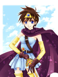  androgynous bad_id bad_pixiv_id blue_eyes brown_hair cape circlet dragon_quest dragon_quest_iii earrings elbow_gloves erdrick&#039;s_sword female gloves heroine_(dq3) jewelry miele roto_(dq3) short_hair smile solo sword thighhighs tomboy weapon 