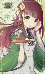  :d ama_usa_an_uniform animal anko_(gochiusa) apron blunt_bangs blush breasts brown_hair character_name commentary_request copyright_name cowboy_shot female flower food gochuumon_wa_usagi_desu_ka? green_background green_eyes green_kimono hair_flower hair_ornament holding holding_tray japanese_clothes kimono long_hair long_sleeves looking_at_viewer maid_apron open_mouth polka_dot_trim rabbit ribbon ro_(igris-geo) small_breasts smile striped_background striped_clothes striped_kimono tray ujimatsu_chiya vertical_stripes wagashi white_apron white_flower white_ribbon wide_sleeves youkan_(food) 