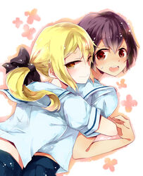  2girls :&gt; blonde_hair bow brown_hair commentary_request daitoku_junna hairbow hug hug_from_behind koujiro_frau multiple_girls open_mouth red_eyes rishi_(kurou) robotics;notes school_uniform serafuku short_hair smile sweatdrop tan twintails yellow_eyes 