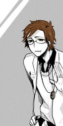  1boy bad_id bad_pixiv_id belt brooch brown_hair freckles gem glasses green_eyes grey_background hand_on_own_hip hands hongcha_(roels) jewelry lab_coat male_focus necklace open_clothes open_mouth palms pendant scp_foundation simple_background solo sweater 