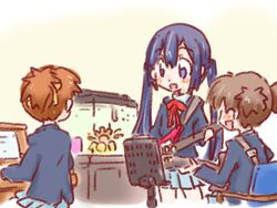  3girls black_hair brown_hair commentary_request fish_tank guitar hirasawa_ui instrument k-on! long_hair multiple_girls nakano_azusa piano sakaguchi_misaki sakuragaoka_high_school_uniform school_uniform short_hair suzuki_jun ton-chan upright_piano 