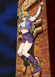  absurdres blonde_hair boots breasts crop_top cropped_jacket detached_sleeves female high_heels highres holding_arms_(yu-gi-oh!) holding_legs_(yu-gi-oh!) kujaku_mai large_breasts long_hair miniskirt parted_lips pencil_skirt restrained sakura_painter skirt solo suspension variant_set yu-gi-oh! yu-gi-oh!_duel_monsters 