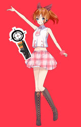  absurdres arm_up boots brown_footwear brown_hair cross-laced_footwear female full_body grin highres indie_virtual_youtuber irodori_mayoi knee_boots lace-up_boots long_hair looking_at_viewer microphone military necktie open_mouth outstretched_arm pink_necktie pink_scrunchie pink_skirt plaid plaid_necktie plaid_skirt pleated_skirt ponytail rascala39 red_background ribbon scrunchie shirt simple_background skirt smile solo standing unmoving_pattern v-shaped_eyebrows virtual_youtuber wrist_scrunchie 