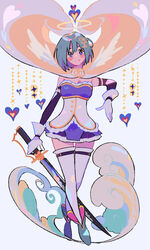  alternate_hair_ornament ankle_boots armpit_peek bare_shoulders belt blue_eyes blue_footwear blue_hair blue_skirt blush blush_stickers boots breasts cape cleavage closed_mouth commentary commentary_request crossed_legs detached_sleeves dot_nose female full_body gloves hair_between_eyes hair_ornament hairclip halo happy head_tilt heart heart_background heart_hair_ornament highres holding holding_sword holding_weapon looking_at_viewer magical_girl mahou_shoujo_madoka_magica mahou_shoujo_madoka_magica_(anime) medium_breasts miki_sayaka miki_sayaka_(magical_girl) pleated_skirt polka_dot polka_dot_background short_hair simple_background skirt smile solo sparkle sparkle_background standing strapless sword thighhighs weapon white_background white_cape white_gloves white_thighhighs yooki_(winter_cakes) zettai_ryouiki 