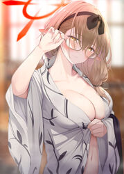  bath_yukata blue_archive blurry blurry_background blush bow breasts brown_hair chinatsu_(blue_archive) chinatsu_(hot_spring)_(blue_archive) cleavage closed_mouth collarbone commentary_request depth_of_field elf fed_(giba) female glasses hair_between_eyes hairband hairbow indoors japanese_clothes kimono large_breasts long_hair long_sleeves looking_at_viewer naked_kimono navel open_clothes open_kimono paid_reward_available pointy_ears ribbon smile solo steam sweat upper_body wide_sleeves yellow_eyes yukata 