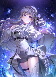  :o bandaged_leg bandages belt belt_collar black_background blue_background blue_butterfly blue_nails breast_suppress breasts bug butterfly butterfly_on_hand capelet collar commentary corset cowboy_shot cross-laced_clothes female flower frilled_capelet frills glowing_butterfly grey_hair grey_shorts hair_ornament highres idolmaster idolmaster_shiny_colors iku2727 light_particles long_hair long_sleeves looking_at_viewer nail_polish pointing purple_eyes shorts showgirl_skirt sidelocks single_thighhigh solo string thigh_strap thighhighs veil vest white_capelet white_flower white_thighhighs yukoku_kiriko 