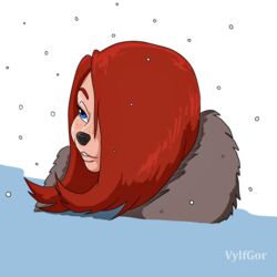  1:1 anthro black_nose blue_eyes canid canine clothing digital_media_(artwork) disney female goof_troop hair hi_res mammal mature_anthro mature_female peg_pete red_hair smile snow snowflake solo suit vylfgor winter 