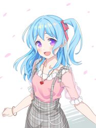  bang_dream! blue_hair bracelet collarbone female hair_ribbon jewelry light_blue_hair long_hair matsubara_kanon necklace one_side_up open_mouth pink_shirt puffy_short_sleeves puffy_sleeves purple_eyes red_ribbon ribbon shirt short_sleeves smile solo yazawa_happyaro 