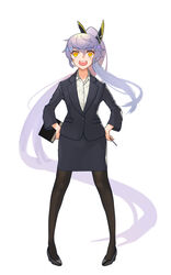  absurdly_long_hair alternate_costume azur_lane black_footwear black_jacket black_pantyhose black_skirt blue_jacket blue_skirt brown_pantyhose check_commentary clipboard collared_shirt commentary commentary_request dress_shirt female formal full_body grey_hair hair_between_eyes hair_ornament hand_on_own_hip hands_on_own_hips high_heels high_ponytail highres holding jacket legs_apart long_hair long_sleeves looking_at_viewer miniskirt office_lady open_mouth pantyhose pencil_skirt pigeon-toed pointer ponytail purifier_(azur_lane) shirt shoes simple_background siren_(azur_lane) skirt skirt_suit smile solo standing striped_clothes striped_shirt suit teacher teeth upper_teeth_only very_long_hair white_background white_hair white_shirt yellow_eyes yohia 