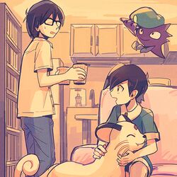  2boys black_hair bookshelf buttons camper_(pokemon) clothed_pokemon commentary_request couch cupboard faucet glasses green_shirt green_shorts hat haunter holding indoors itome_(funori1) male_focus multiple_boys open_mouth pants persian_(pokemon) pokemon pokemon_(creature) pokemon_gsc shirt short_hair short_sleeves shorts sitting smile standing super_nerd_(pokemon) sweatdrop 