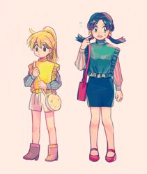  2girls bag black_eyes blonde_hair blue_eyes boots brown_footwear closed_mouth commentary_request earrings flying_sweatdrops full_body green_vest grey_background hand_up high_heel_boots high_heels itome_(funori1) jewelry kris_(pokemon) long_hair long_sleeves multiple_girls pokemon pokemon_adventures ponytail red_footwear shirt shoes shorts shoulder_bag simple_background skirt standing striped_clothes striped_shirt sweatdrop twintails vertical-striped_clothes vertical-striped_shirt vest yellow_(pokemon) yellow_vest 