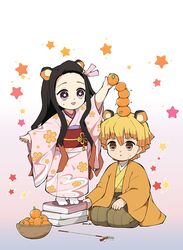  1boy absurdres agatsuma_zenitsu animal_ears bad_id bad_twitter_id black_hair blonde_hair book female food fruit hair_ribbon highres holding japanese_clothes kamado_nezuko kimetsu_no_yaiba kimono lolicon long_hair multicolored_hair open_mouth orange_(fruit) pink_eyes pink_ribbon pori_(kmt_pori) ribbon star_(symbol) twitter_username very_long_hair yellow_eyes 