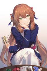  berezovich_kryuger_(girls&#039;_frontline) blue_jacket brown_hair card closed_mouth commission dress english_commentary female girls&#039;_frontline gradient_background green_eyes hair_between_eyes hair_ribbon hand_on_own_cheek hand_on_own_face head_rest highres holding holding_card jacket kalina_(girls&#039;_frontline) long_hair long_sleeves looking_at_viewer niac playing_card poker_chip ribbon signature sitting smile solo springfield_(girls&#039;_frontline) white_dress 