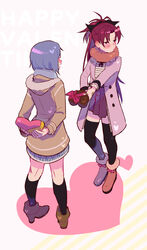  2girls absurdres alternate_costume antenna_hair arms_behind_back averting_eyes bandaid bandaid_on_hand black_bow black_socks black_thighhighs blue_hair blue_scarf blush boots bow brown_footwear cape coat english_text fur-trimmed_boots fur-trimmed_hood fur_trim happy_valentine heart heart_print highres hood kneehighs long_hair mahou_shoujo_madoka_magica mahou_shoujo_madoka_magica_(anime) medium_hair miki_sayaka multicolored_cape multicolored_clothes multiple_girls ponytail red_bow red_eyes red_hair red_skirt sakura_kyoko scarf skirt socks thighhighs valentine white_background yooki_(winter_cakes) zettai_ryouiki 