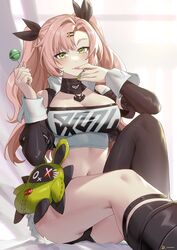  asymmetrical_legwear bangboo_(zenless_zone_zero) black_ribbon black_shorts black_socks black_thighhighs blue_nails breasts candy cleavage commentary crop_top cutoffs female food green_eyes green_nails hair_ornament hair_ribbon hairclip hand_up highres holding holding_food knee_up large_breasts linreplica lollipop long_hair long_sleeves looking_at_viewer micro_shorts midriff nail_polish navel nicole_demara pink_hair pink_nails ribbon shorts socks solo stomach strapless thighhighs thighs tube_top two_side_up very_long_hair yellow_nails zenless_zone_zero 