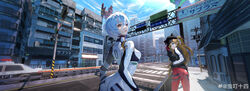  14sky 2girls absurdres air_conditioner animal_hat apartment ass ayanami_rei badge balcony baseball_cap billboard black_jacket blue_eyes blue_hair blue_sky bodysuit bodysuit_under_clothes breasts building button_badge car cat_hat chinese_commentary city cityscape closed_mouth cloud cloudy_sky commentary_request commercial cowboy_shot day eva_01 eva_02 evangelion:_3.0_you_can_(not)_redo evangelion_(mecha) extra_eyes eyebrows eyepatch fence from_behind from_side frown grabbing gradient_hair green_eyes hand_in_pocket hand_on_headwear hat hat_ornament headgear highres interface_headset jacket light_blue_hair long_hair looking_at_viewer mecha medium_breasts medium_hair messy_hair motor_vehicle multicolored_hair multiple_girls neon_genesis_evangelion outdoors parted_lips pedestrian_crossing_sign pilot_suit plugsuit police_car railing rebuild_of_evangelion red_bodysuit red_eyes red_hair road road_sign robot science_fiction shop sidelocks sign sky skyscraper smile souryuu_asuka_langley staring street striped_clothes striped_jacket thighs traffic_light utility_pole very_long_hair white_bodysuit white_hair white_stripes window 