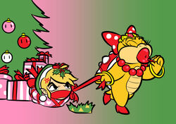  accessory angry anthro blonde_hair bow_ribbon christmas christmas_tree clothing crossover duo female footwear gag gagged gift gift_wrapped hair hair_accessory hair_ribbon hairbow holidays humanoid humanoid_pointy_ears hylian jewelry koopa koopaling lipstick makeup male mario_bros necklace nintendo orangechocobo plant ribbons scalie simple_background the_legend_of_zelda toon_link tree wendy_o._koopa wind_waker 