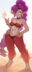  arabian_clothes barefoot blue_eyes braid braided_ponytail breasts cheshirrr cleavage collarbone commentary dark-skinned_female dark_skin earrings element_bending female fire full_body hand_on_own_hip harem_pants highres hoop_earrings jewelry long_hair looking_to_the_side navel_piercing o-ring o-ring_top pants piercing pointy_ears purple_hair sand see-through shantae shantae_(series) smile solo standing tiara toned very_long_hair 