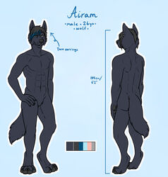  airam anthro ass athletic athletic_anthro athletic_male black_body black_fur black_hair blue_eyes canid canine canis claws color_swatch digitigrade ear_piercing ear_ring english_text featureless_crotch fur gaikotsu hair hand_on_leg hand_on_thigh hi_res highlights_(coloring) male mammal model_sheet nude outline pawpads piercing ring_piercing smile solo text toe_claws white_outline wolf 